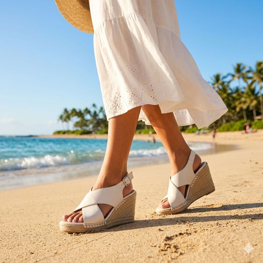 Apt 9 Womens Wedge Sandals White Espadrille Open Toe Boho Classic Resort Size 8